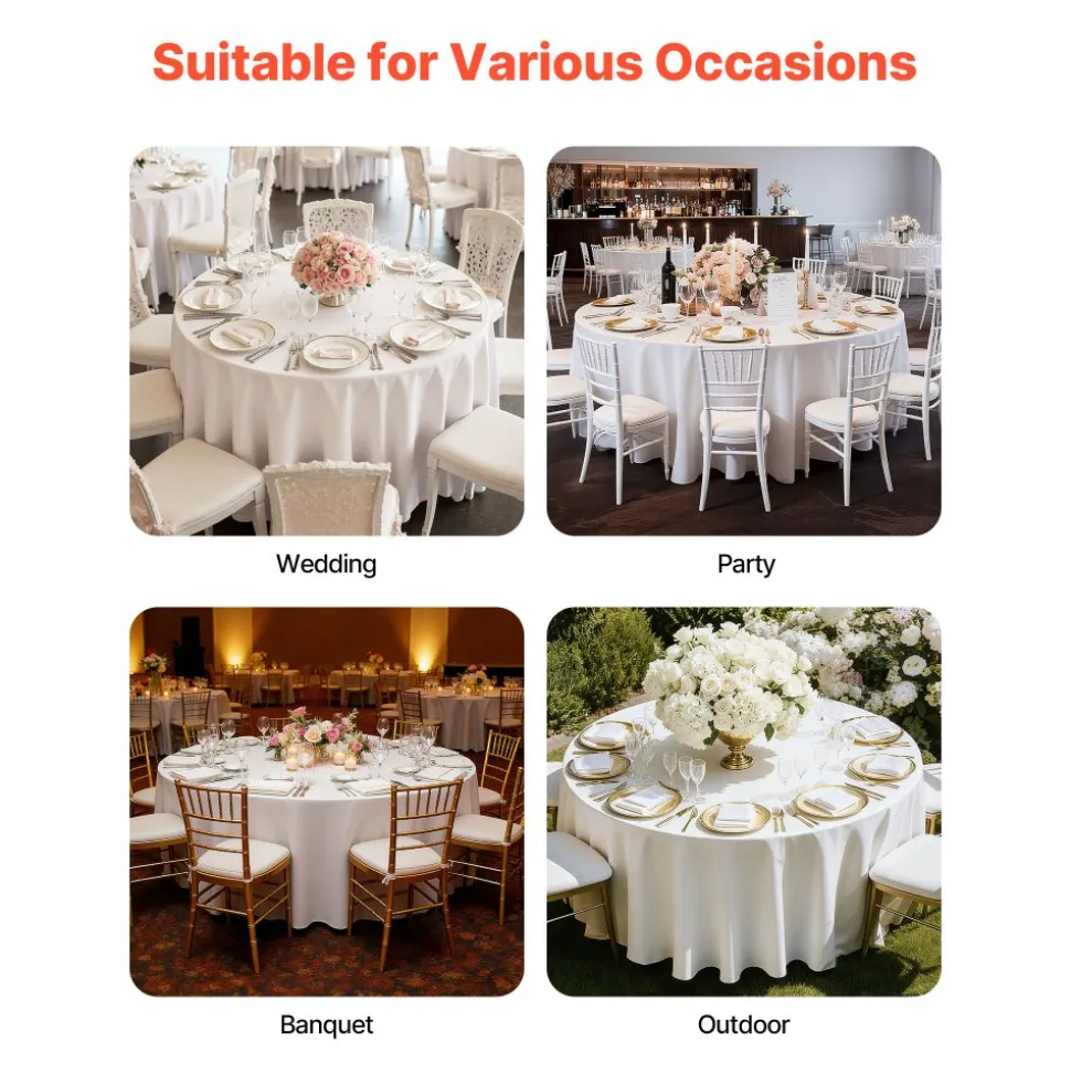 VEVOR White Round Tablecloths 6 Pack, 120 Inches in Diameter, Stain- & Wrinkle- Resistant, Machine Washable Table Clothes, Polyester Fabric Table Covers for Wedding, Party, Banquet, Formal Events