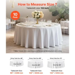 VEVOR White Round Tablecloths 6 Pack, 132 Inches in Diameter, Stain- & Wrinkle- Resistant, Machine Washable Table Clothes, Polyester Fabric Table Covers for Wedding, Party, Banquet, Formal Events