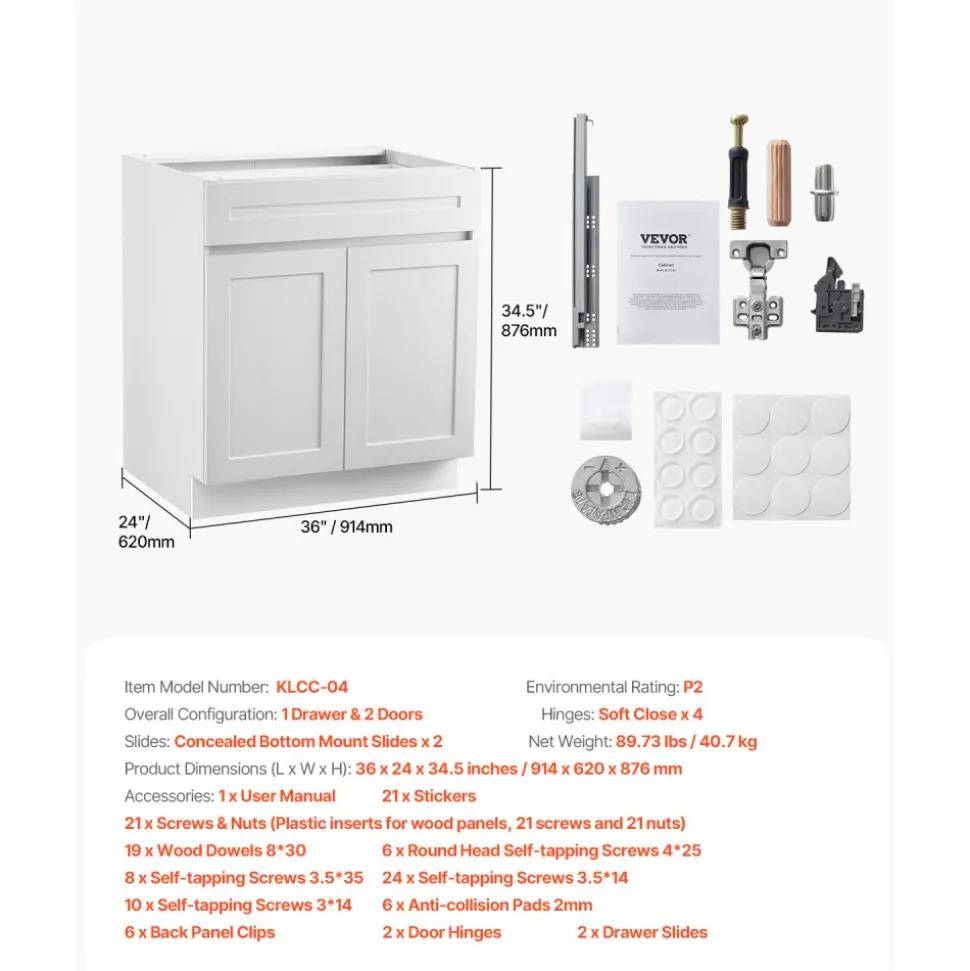 VEVOR White Shaker Base Cabinet with Drawer, 36-Inch Unassembled Drawer Base Cabinet, 36" W x 24" D x 34.5" H Ready to Assemble Cabinet with Soft-Close Doors and Adjustable Shelf, for Home Office