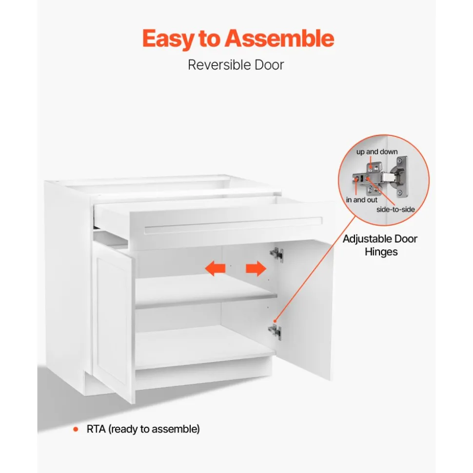 VEVOR White Shaker Base Cabinet with Drawer, 30-Inch Unassembled Drawer Base Cabinet, 30" W x 24" D x 34.5" H Ready to Assemble Cabinet with Soft-Close Doors and Adjustable Shelf, for Home Office