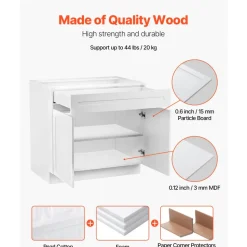 VEVOR White Shaker Base Cabinet with Drawer, 30-Inch Unassembled Drawer Base Cabinet, 30