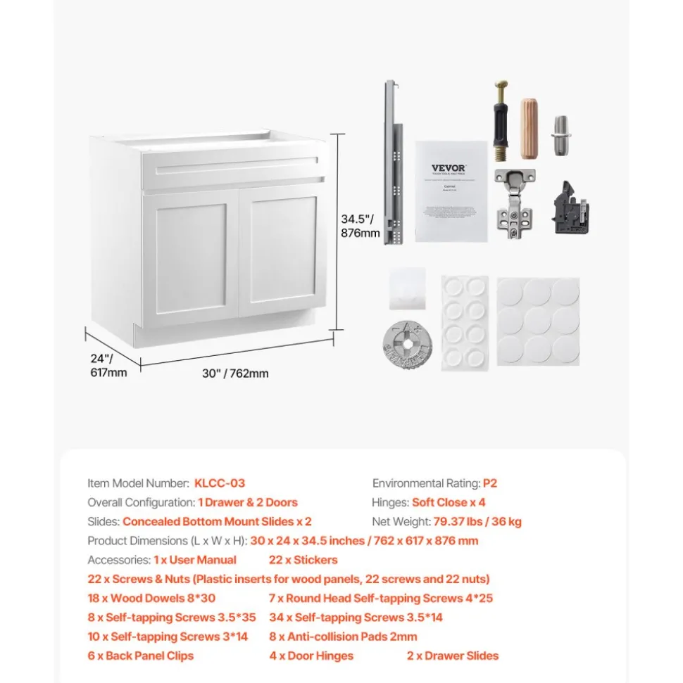 VEVOR White Shaker Base Cabinet with Drawer, 30-Inch Unassembled Drawer Base Cabinet, 30" W x 24" D x 34.5" H Ready to Assemble Cabinet with Soft-Close Doors and Adjustable Shelf, for Home Office