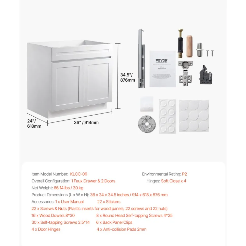 VEVOR White Shaker Base Cabinet, 36-Inch Unassembled Sink Base Cabinet, 36" W x 24" D x 34.5" H Ready to Assemble Cabinet with Soft-Close Doors and Adjustable Shelf, for Home Office