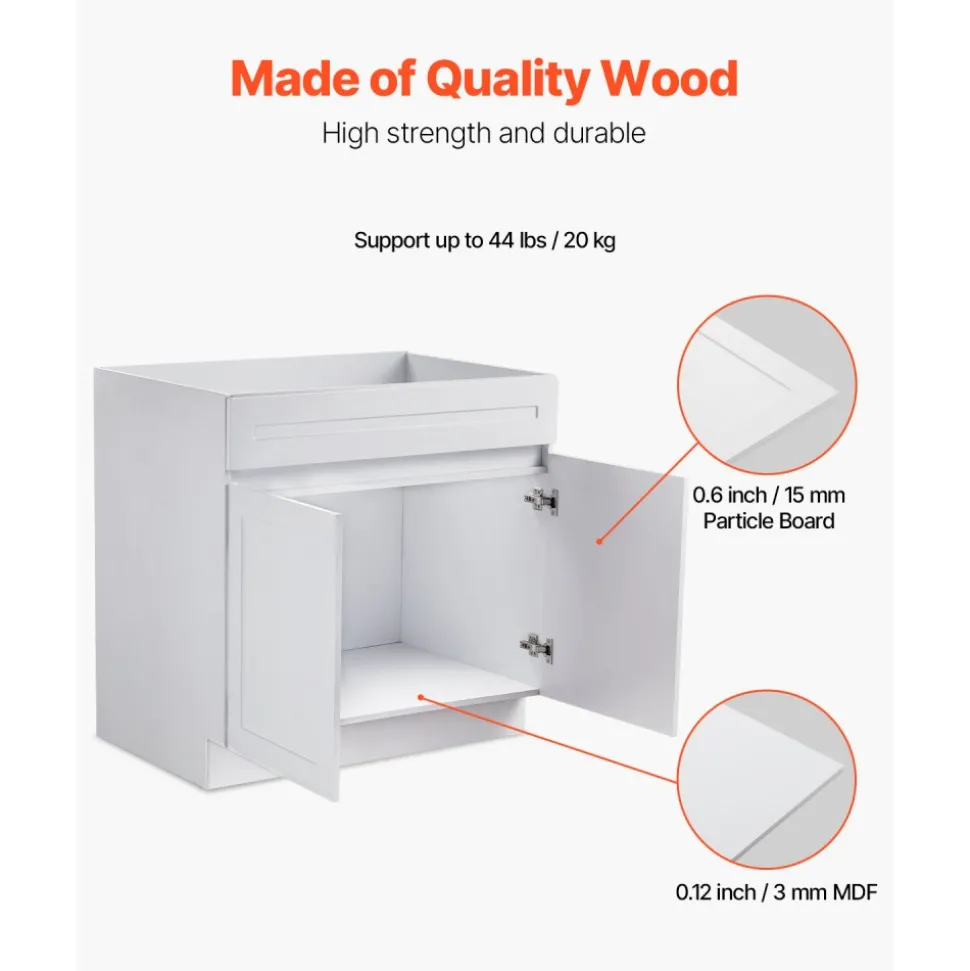 VEVOR White Shaker Base Cabinet, 36-Inch Unassembled Sink Base Cabinet, 36" W x 24" D x 34.5" H Ready to Assemble Cabinet with Soft-Close Doors and Adjustable Shelf, for Home Office