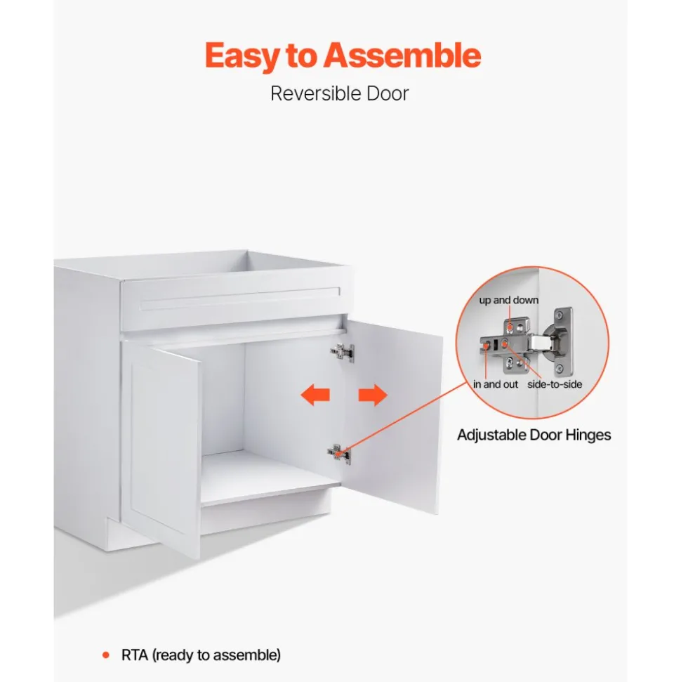 VEVOR White Shaker Base Cabinet, 36-Inch Unassembled Sink Base Cabinet, 36" W x 24" D x 34.5" H Ready to Assemble Cabinet with Soft-Close Doors and Adjustable Shelf, for Home Office