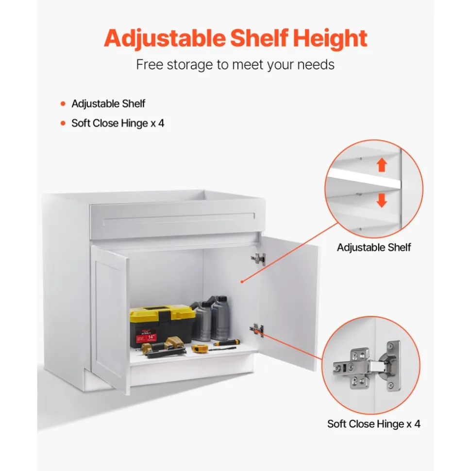 VEVOR White Shaker Base Cabinet, 36-Inch Unassembled Sink Base Cabinet, 36" W x 24" D x 34.5" H Ready to Assemble Cabinet with Soft-Close Doors and Adjustable Shelf, for Home Office