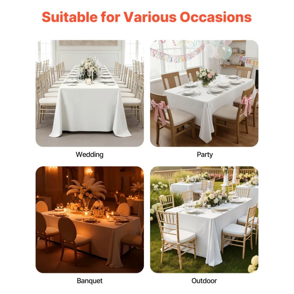 VEVOR White Tablecloths for Rectangle Tables, 6 Pack, 70 x 120 Inches, Reusable and Machine Washable Table Clothes, Wrinkle-Resistant Polyester Fabric Table Covers for Wedding, Party, Banquet