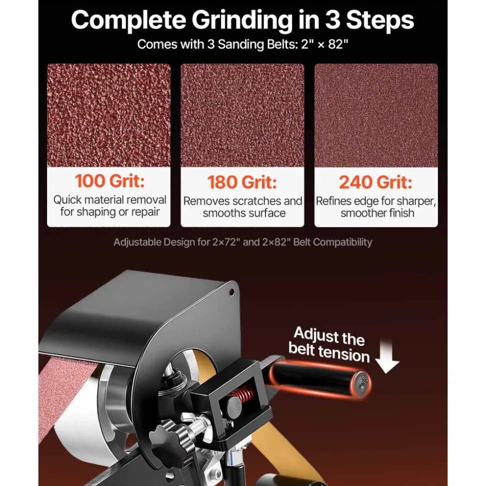 VEVOR 1500W 2HP Belt Sander Grinder, 2" x 82" Variable Speed Belt Grinder for Metalworking, 3 in 1 Belt Sander Polisher with 3 Grinding Moulds & Flat Platen Tool Rest for Knife Making