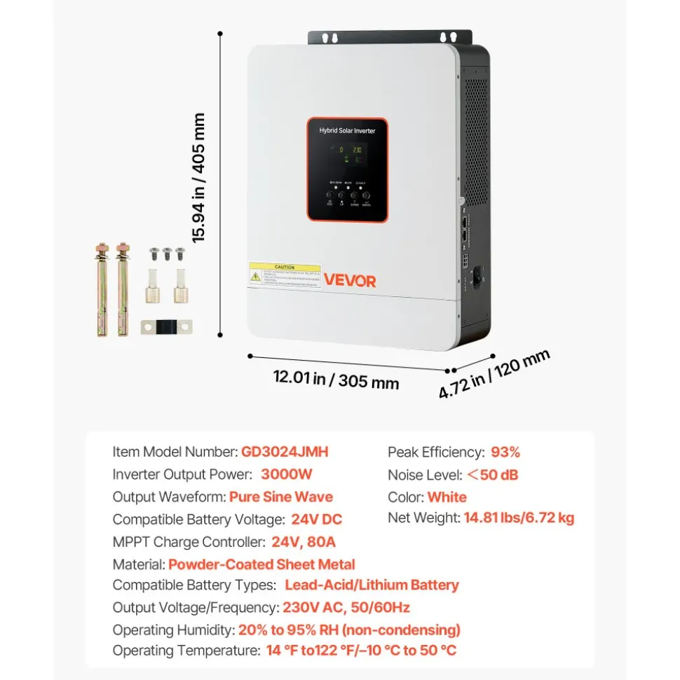 VEVOR 3000W Hybrid Solar Inverter, 24V DC to 230V AC, Pure Sine Wave Power Inverter, Built-in 80A MPPT Solar Controller, Compatible with Lead Acid Lithium Battery, for Home, Camper, Off-Grid