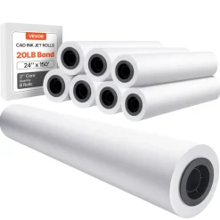 VEVOR Wide Format Paper, 24 in x 150 ft Plotter Roll, 8 Rolls CAD Bond Rolls with 2 in Core, 20 LB Bond Paper Rolls, Ideal for CAD Drawings, Engineering Plans, GIS Maps, and Architectural Designs