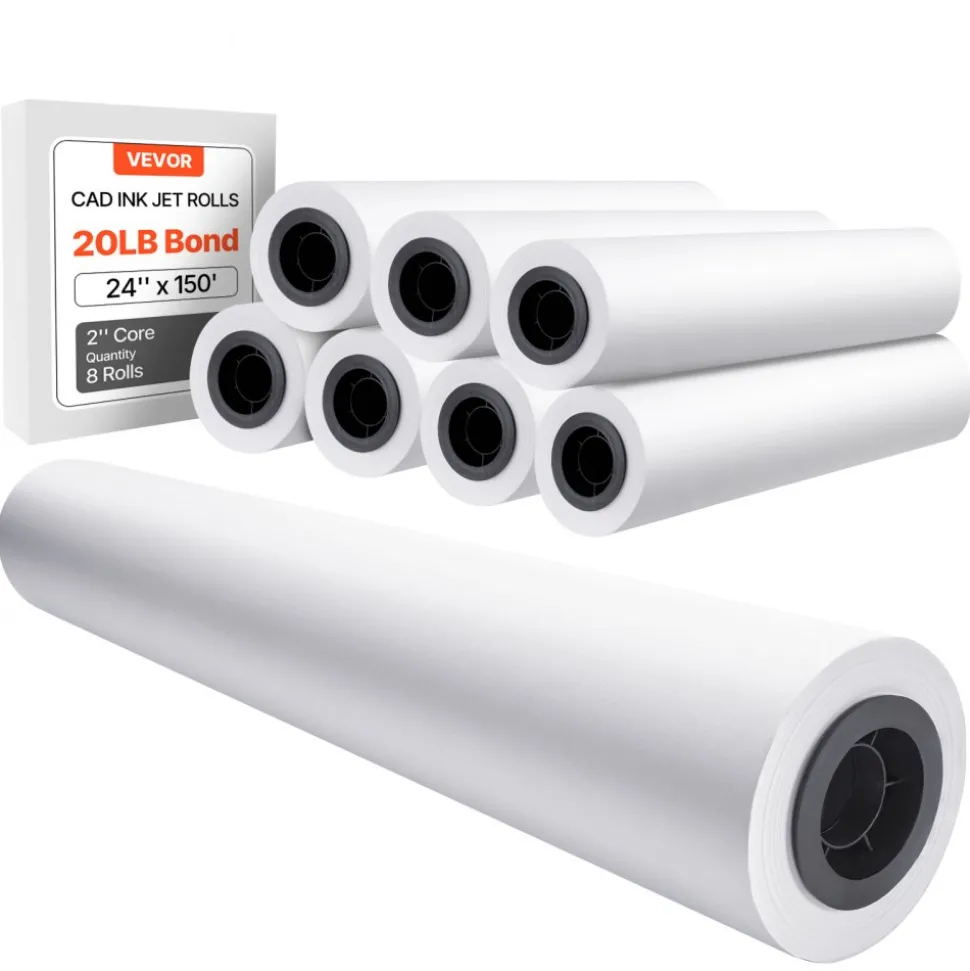 VEVOR Wide Format Paper, 24 in x 150 ft Plotter Roll, 8 Rolls CAD Bond Rolls with 2 in Core, 20 LB Bond Paper Rolls, Ideal for CAD Drawings, Engineering Plans, GIS Maps, and Architectural Designs