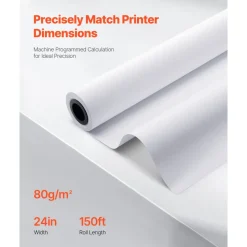 VEVOR Wide Format Paper, 24 in x 150 ft Plotter Roll, 8 Rolls CAD Bond Rolls with 2 in Core, 20 LB Bond Paper Rolls, Ideal for CAD Drawings, Engineering Plans, GIS Maps, and Architectural Designs