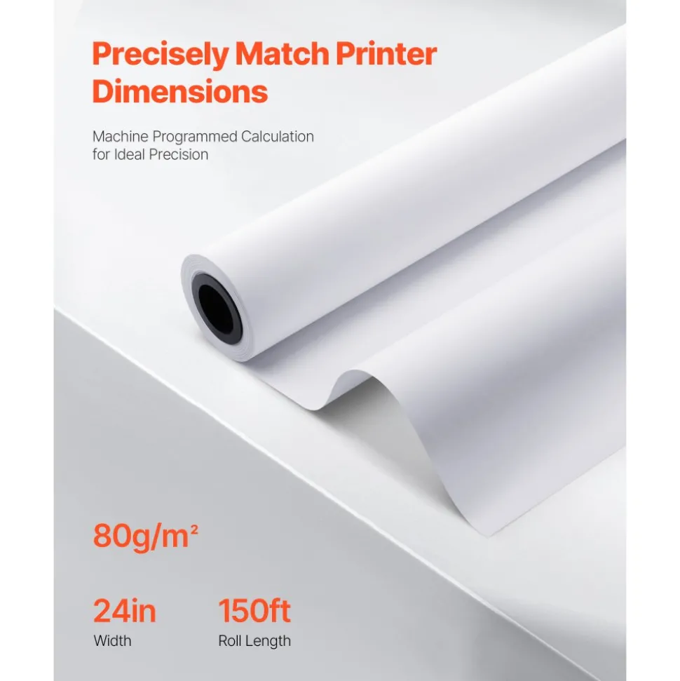 VEVOR Wide Format Paper, 24 in x 150 ft Plotter Roll, 8 Rolls CAD Bond Rolls with 2 in Core, 20 LB Bond Paper Rolls, Ideal for CAD Drawings, Engineering Plans, GIS Maps, and Architectural Designs