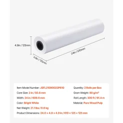 VEVOR Wide Format Paper, 24 in x 300 ft Plotter Roll, 2 Rolls CAD Bond Rolls with 2 in Core, 20 LB Bond Paper Rolls, Ideal for CAD Drawings, Engineering Plans, GIS Maps, and Architectural Designs