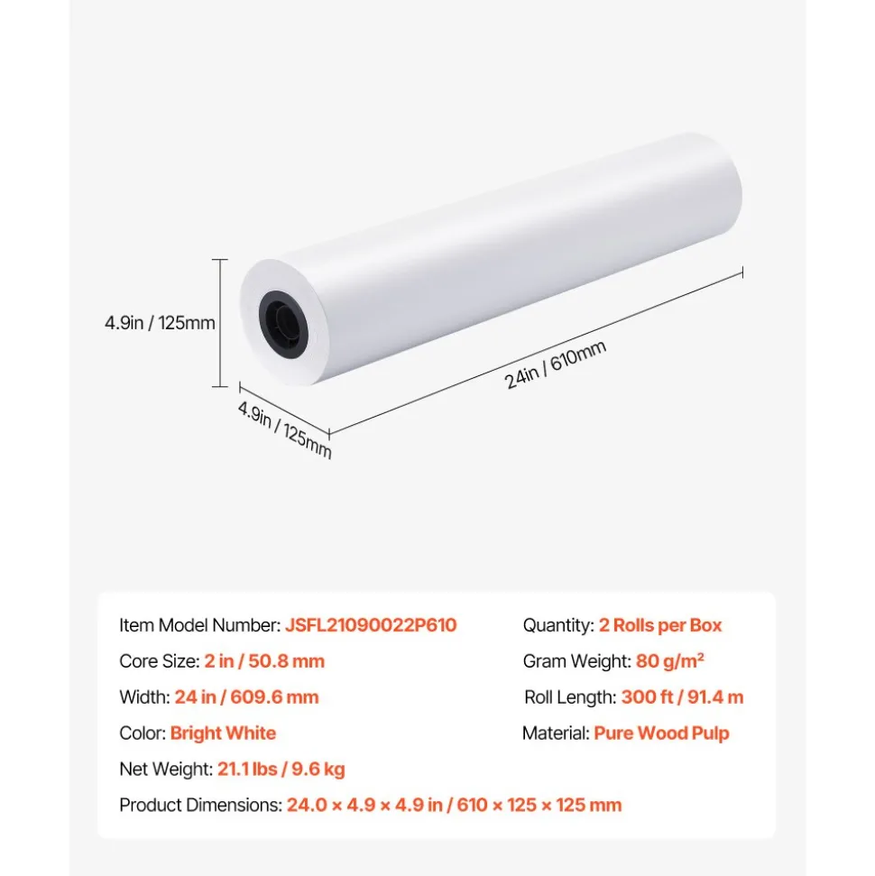 VEVOR Wide Format Paper, 24 in x 300 ft Plotter Roll, 2 Rolls CAD Bond Rolls with 2 in Core, 20 LB Bond Paper Rolls, Ideal for CAD Drawings, Engineering Plans, GIS Maps, and Architectural Designs
