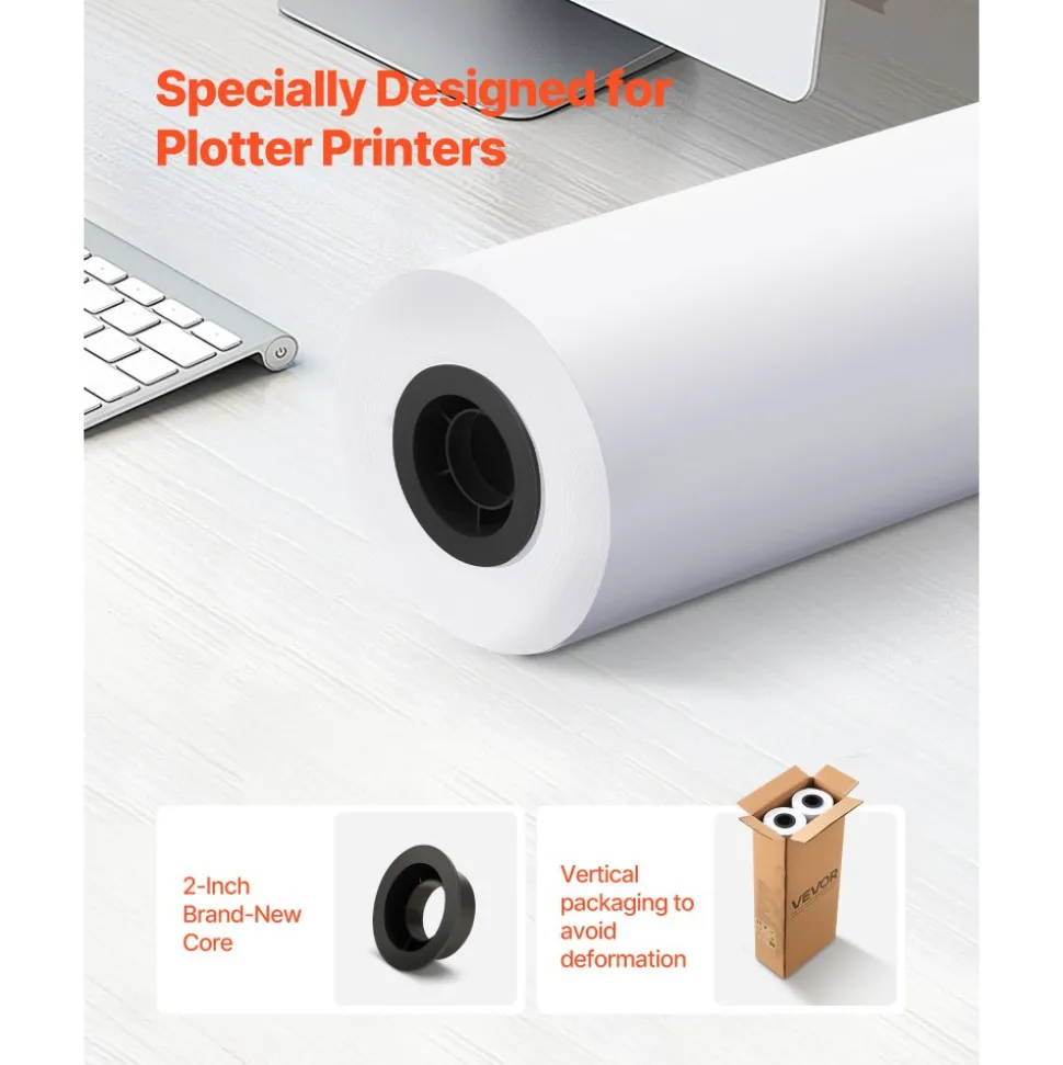 VEVOR Wide Format Paper, 24 in x 300 ft Plotter Roll, 2 Rolls CAD Bond Rolls with 2 in Core, 20 LB Bond Paper Rolls, Ideal for CAD Drawings, Engineering Plans, GIS Maps, and Architectural Designs