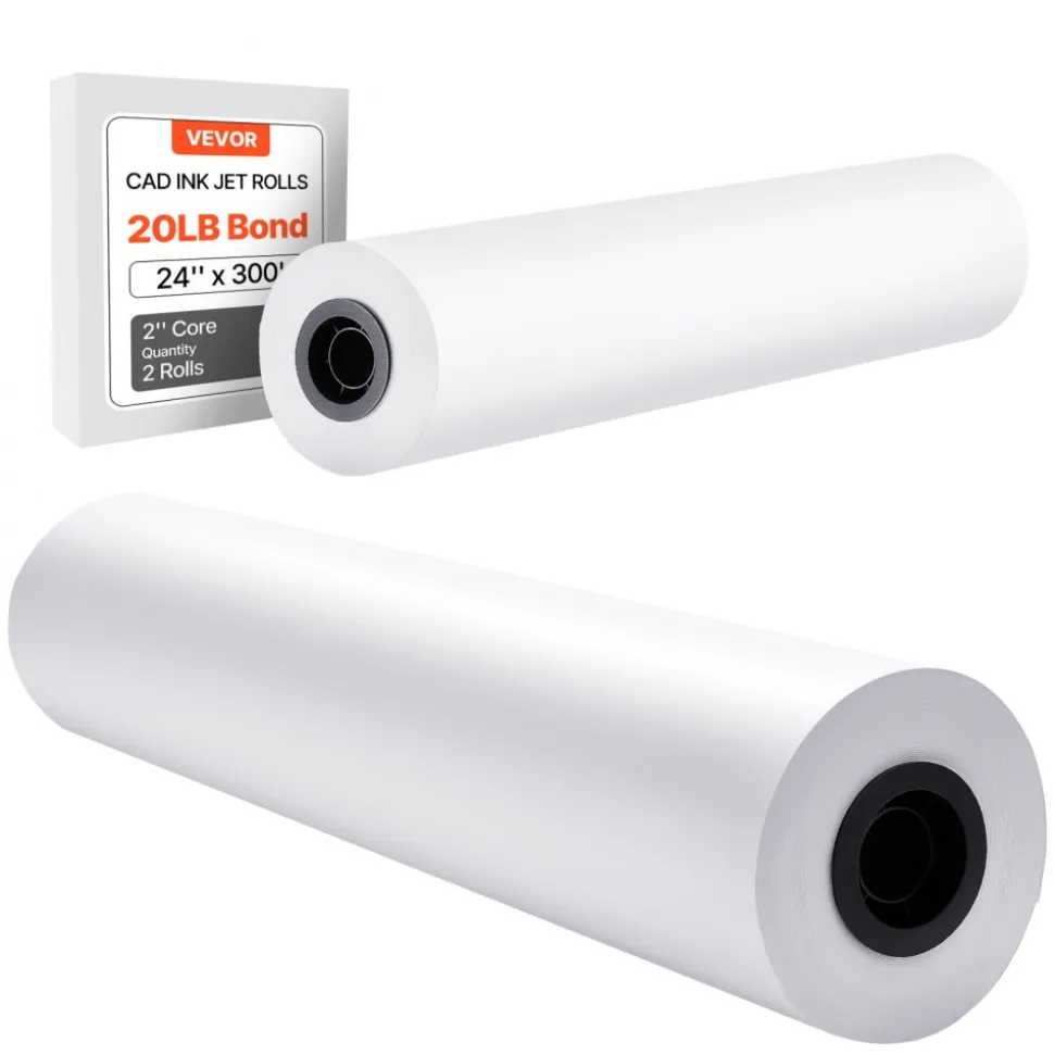 VEVOR Wide Format Paper, 24 in x 300 ft Plotter Roll, 2 Rolls CAD Bond Rolls with 2 in Core, 20 LB Bond Paper Rolls, Ideal for CAD Drawings, Engineering Plans, GIS Maps, and Architectural Designs