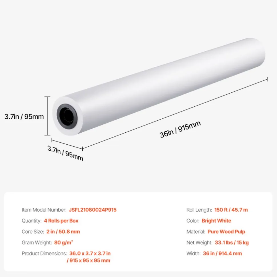 VEVOR Wide Format Paper, 36 in x 150 ft Plotter Paper, 4 Rolls CAD Bond Rolls with 2 in Core, 20 LB Bond Paper Rolls, Idea for CAD Drawings, Engineering Plans, GIS Maps & Architectural Designs
