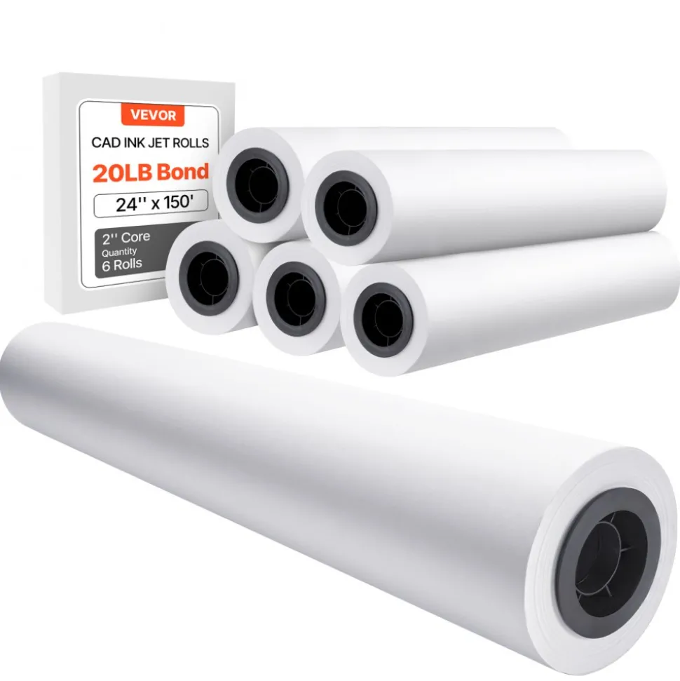 VEVOR Wide Format Paper, 24 in x 150 ft Plotter Paper, 6 Rolls CAD Bond Rolls with 2 in Core, 20 LB Bond Paper Rolls, Idea for CAD Drawings, Engineering Plans, GIS Maps & Architectural Designs