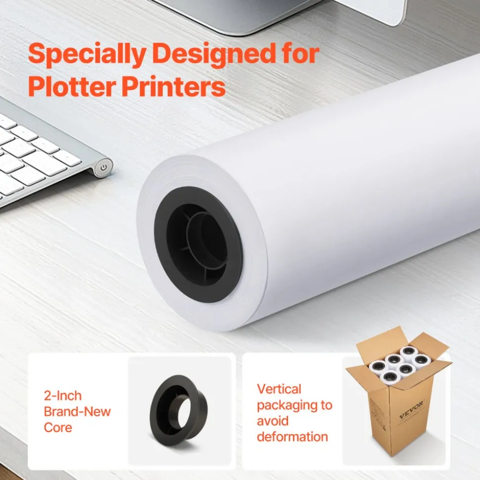 VEVOR Wide Format Paper, 24 in x 150 ft Plotter Paper, 6 Rolls CAD Bond Rolls with 2 in Core, 20 LB Bond Paper Rolls, Idea for CAD Drawings, Engineering Plans, GIS Maps & Architectural Designs