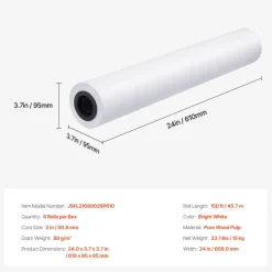 VEVOR Wide Format Paper, 24 in x 150 ft Plotter Paper, 6 Rolls CAD Bond Rolls with 2 in Core, 20 LB Bond Paper Rolls, Idea for CAD Drawings, Engineering Plans, GIS Maps & Architectural Designs