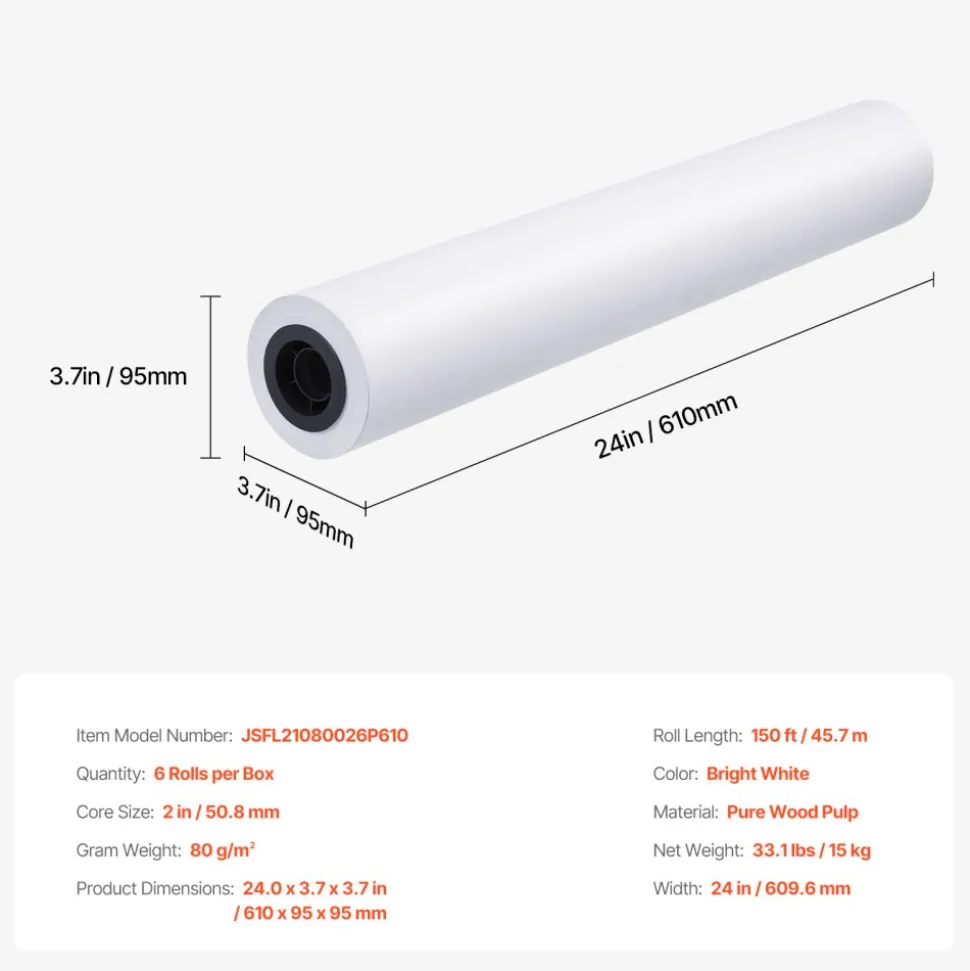 VEVOR Wide Format Paper, 24 in x 150 ft Plotter Paper, 6 Rolls CAD Bond Rolls with 2 in Core, 20 LB Bond Paper Rolls, Idea for CAD Drawings, Engineering Plans, GIS Maps & Architectural Designs
