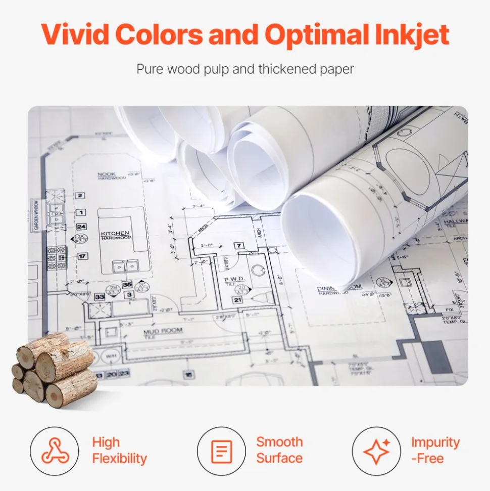 VEVOR Wide Format Paper, 24 in x 150 ft Plotter Paper, 6 Rolls CAD Bond Rolls with 2 in Core, 20 LB Bond Paper Rolls, Idea for CAD Drawings, Engineering Plans, GIS Maps & Architectural Designs