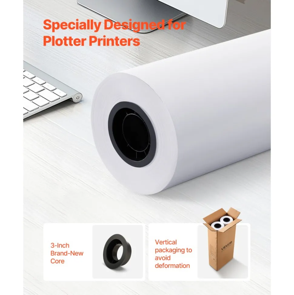 VEVOR Wide Format Paper, 30 in x 500 ft Plotter Roll, 2 Rolls CAD Bond Rolls with 3 in Core, 20 LB Bond Paper Rolls, Ideal for CAD Drawings, Engineering Plans, GIS Maps, and Architectural Designs