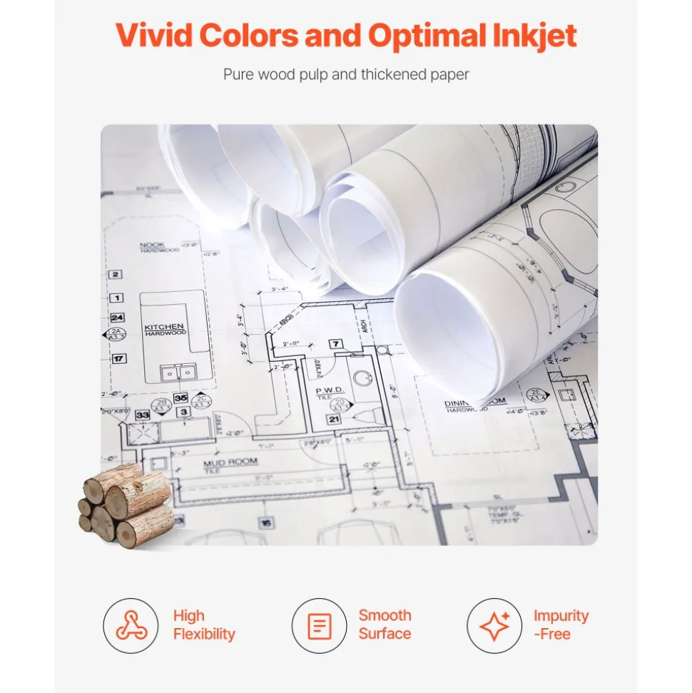 VEVOR Wide Format Paper, 30 in x 500 ft Plotter Roll, 2 Rolls CAD Bond Rolls with 3 in Core, 20 LB Bond Paper Rolls, Ideal for CAD Drawings, Engineering Plans, GIS Maps, and Architectural Designs
