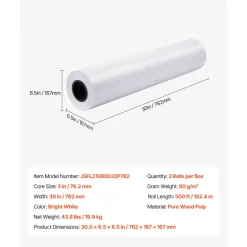 VEVOR Wide Format Paper, 30 in x 500 ft Plotter Roll, 2 Rolls CAD Bond Rolls with 3 in Core, 20 LB Bond Paper Rolls, Ideal for CAD Drawings, Engineering Plans, GIS Maps, and Architectural Designs