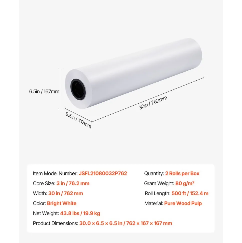 VEVOR Wide Format Paper, 30 in x 500 ft Plotter Roll, 2 Rolls CAD Bond Rolls with 3 in Core, 20 LB Bond Paper Rolls, Ideal for CAD Drawings, Engineering Plans, GIS Maps, and Architectural Designs