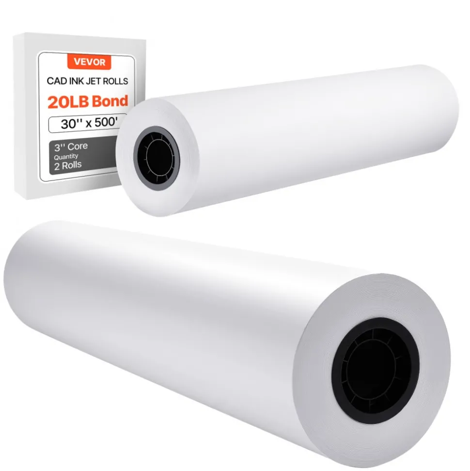 VEVOR Wide Format Paper, 30 in x 500 ft Plotter Roll, 2 Rolls CAD Bond Rolls with 3 in Core, 20 LB Bond Paper Rolls, Ideal for CAD Drawings, Engineering Plans, GIS Maps, and Architectural Designs