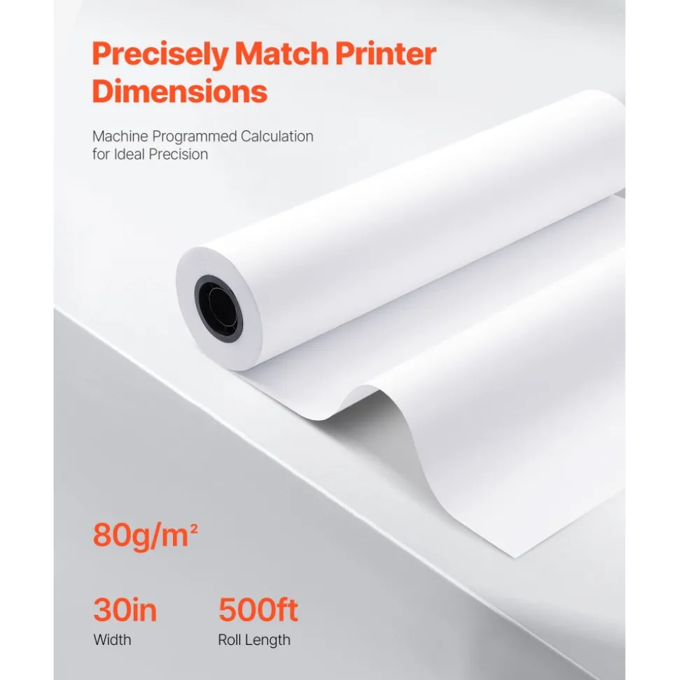 VEVOR Wide Format Paper, 30 in x 500 ft Plotter Roll, 2 Rolls CAD Bond Rolls with 3 in Core, 20 LB Bond Paper Rolls, Ideal for CAD Drawings, Engineering Plans, GIS Maps, and Architectural Designs