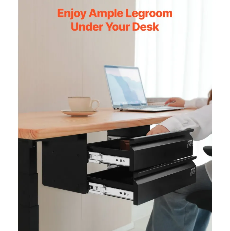 VEVOR 16" Wide Under Desk Drawer Slide Out, Under Desk Mounted Pull-out Drawer Attachment, Hidden Desktop 2 Layer Storage Organizer, Under Table Pencil Drawer for Home Sit Stand Workstation, 18x9x8 in