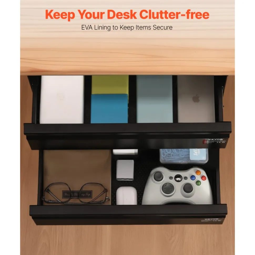 VEVOR 16" Wide Under Desk Drawer Slide Out, Under Desk Mounted Pull-out Drawer Attachment, Hidden Desktop 2 Layer Storage Organizer, Under Table Pencil Drawer for Home Sit Stand Workstation, 18x9x8 in