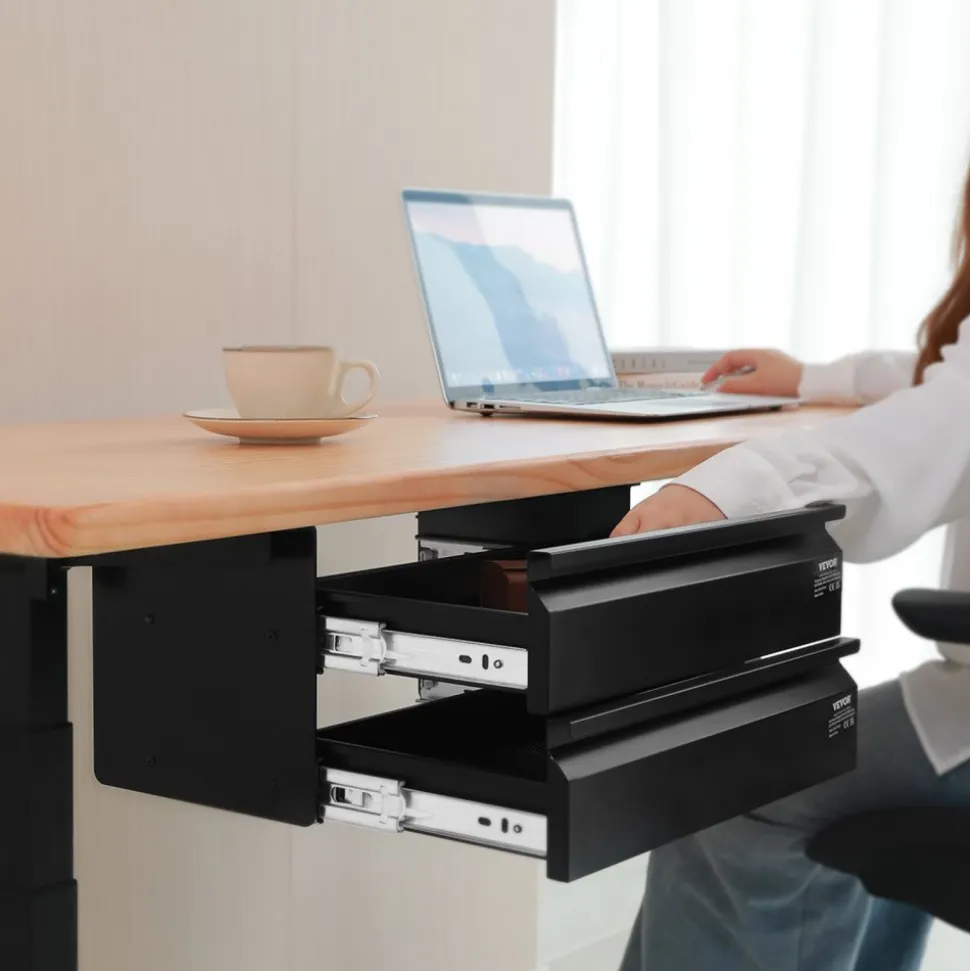 VEVOR 16" Wide Under Desk Drawer Slide Out, Under Desk Mounted Pull-out Drawer Attachment, Hidden Desktop 2 Layer Storage Organizer, Under Table Pencil Drawer for Home Sit Stand Workstation, 18x9x8 in