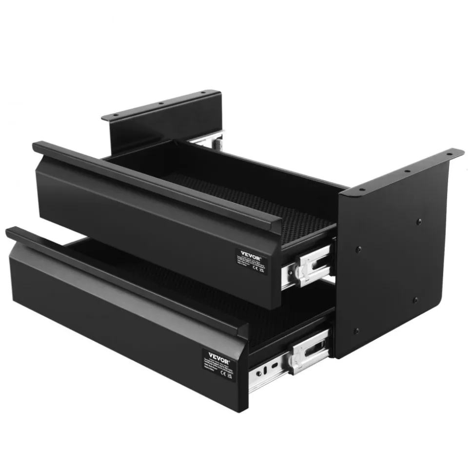 VEVOR 16" Wide Under Desk Drawer Slide Out, Under Desk Mounted Pull-out Drawer Attachment, Hidden Desktop 2 Layer Storage Organizer, Under Table Pencil Drawer for Home Sit Stand Workstation, 18x9x8 in