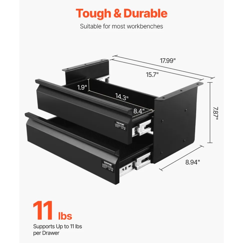 VEVOR 16" Wide Under Desk Drawer Slide Out, Under Desk Mounted Pull-out Drawer Attachment, Hidden Desktop 2 Layer Storage Organizer, Under Table Pencil Drawer for Home Sit Stand Workstation, 18x9x8 in