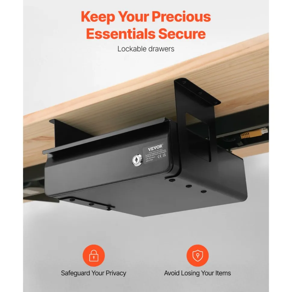 VEVOR 13" Wide Under Desk Drawer Slide Out, Under Desk Mounted Pull-out Drawer Attachment, Hidden Desktop Storage Organizer, Lockable Under Table Pencil Drawer for Sit Stand Workstation, 14x13x7 in