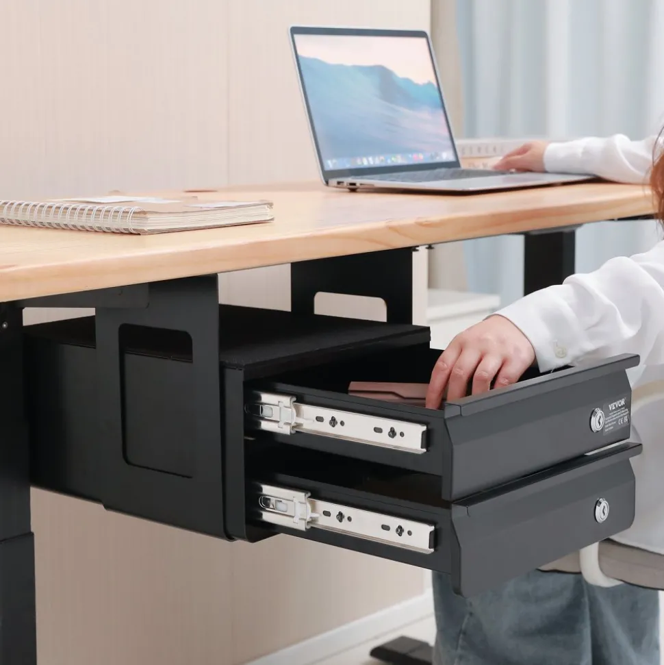 VEVOR 13" Wide Under Desk Drawer Slide Out, Under Table Pull-out Drawer Attachment, Hidden Desktop 2 Layer Storage Organizer, Lockable Undermount Pencil Drawer for Sit Stand Workstation, 14x13x10 in