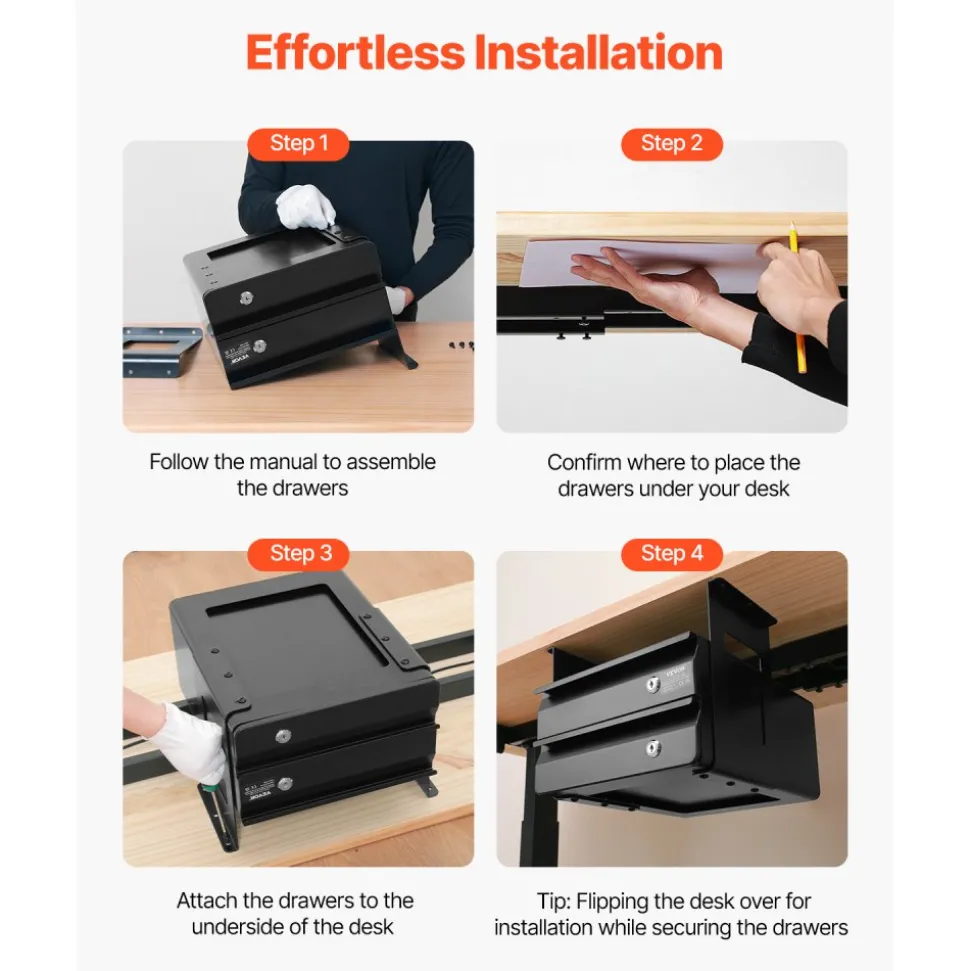 VEVOR 13" Wide Under Desk Drawer Slide Out, Under Table Pull-out Drawer Attachment, Hidden Desktop 2 Layer Storage Organizer, Lockable Undermount Pencil Drawer for Sit Stand Workstation, 14x13x10 in