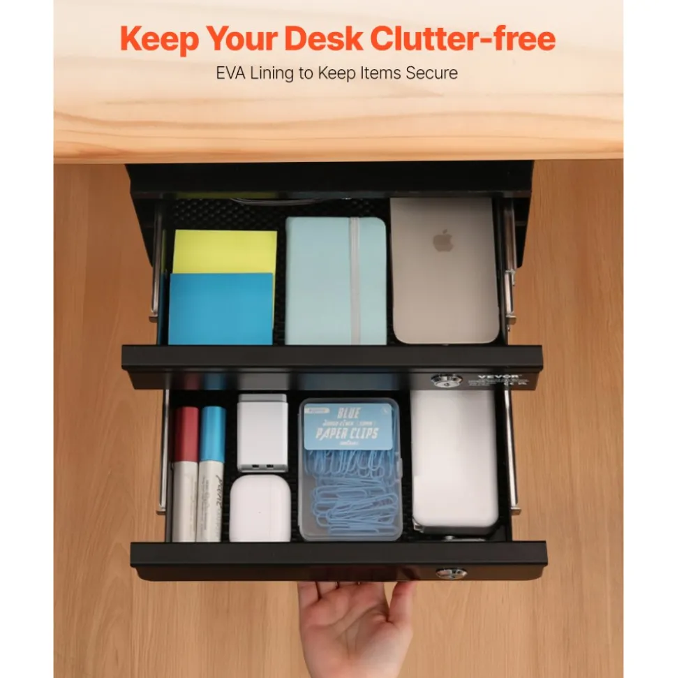 VEVOR 13" Wide Under Desk Drawer Slide Out, Under Table Pull-out Drawer Attachment, Hidden Desktop 2 Layer Storage Organizer, Lockable Undermount Pencil Drawer for Sit Stand Workstation, 14x13x10 in
