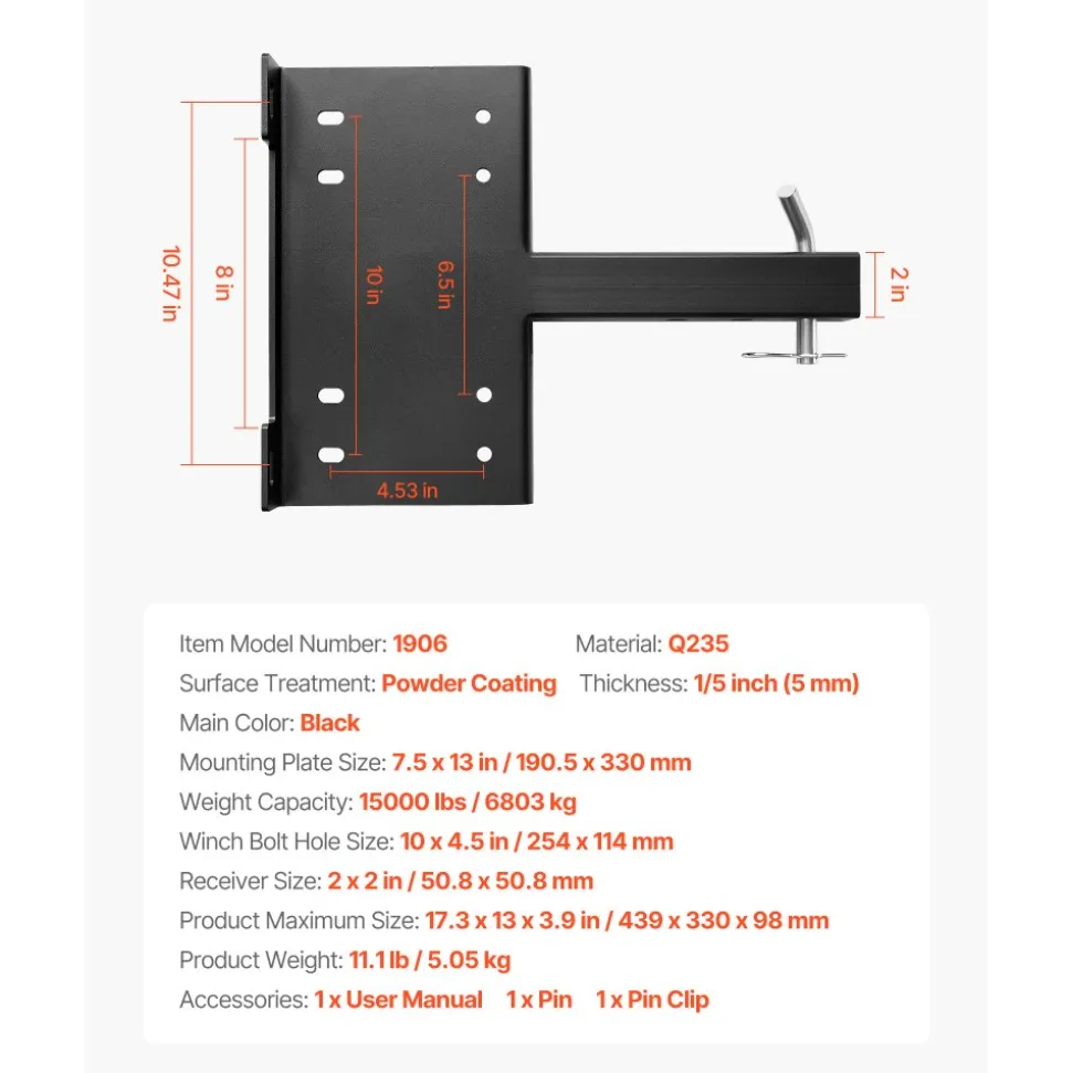 VEVOR Winch Mount, 15000 lbs / 6803 kg Load Capacity, Trailer Hitch Winch Mount with 50.8 mm Receiver, 2 Mounting Hole Design, Powder Coated Steel, Suitable for ATV UTV Pickup Truck, Black