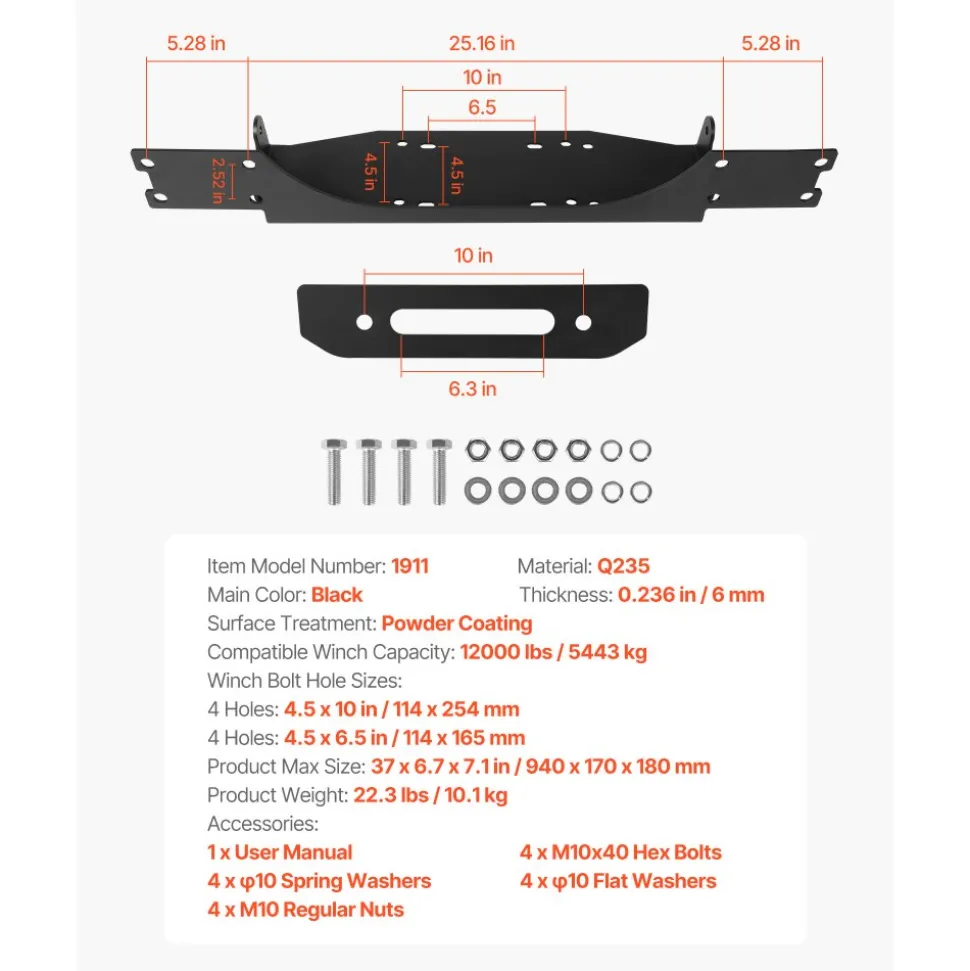 VEVOR Winch Mount, Winch Capacity of 907-1633 kg, Trailer Hitch Winch Mount for Select Polaris Ranger Models (2010-2021), 3 Mounting Hole Design, Powder Coated Steel, Fit for Muddy Road Rescue