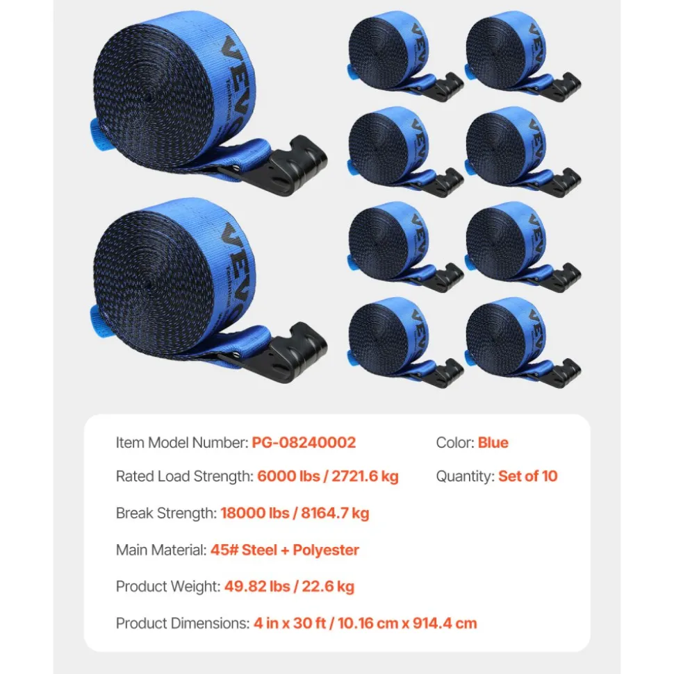 VEVOR Winch Straps, 4" x 30', 6000 lbs Load Capacity, 18000 lbs Breaking Strength, Truck Straps with Flat Hook, Flatbed Tie Downs Cargo Control for Trailers, Farms, Rescues, Tree Saver, Blue (10 Pack)