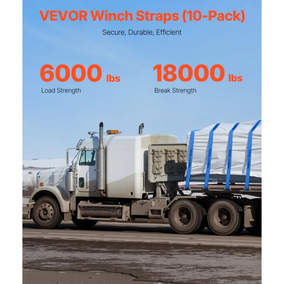 VEVOR Winch Straps, 4" x 30', 6000 lbs Load Capacity, 18000 lbs Breaking Strength, Truck Straps with Flat Hook, Flatbed Tie Downs Cargo Control for Trailers, Farms, Rescues, Tree Saver, Blue (10 Pack)