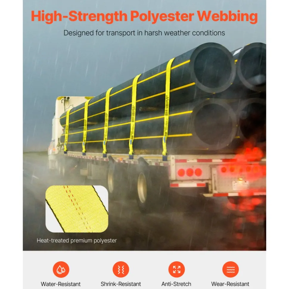 VEVOR Winch Straps, 4" x 30', 6000 lbs Load Capacity, 18000 lbs Break Strength, Truck Straps with Flat Hook, Flatbed Tie Downs Cargo Control for Trailers, Farms, Rescues, Tree Saver, Yellow (10 Pack)