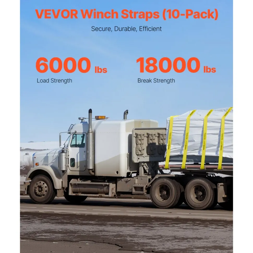 VEVOR Winch Straps, 4" x 40', 6000 lbs Load Capacity, 18000 lbs Break Strength, Truck Straps with Flat Hook, Flatbed Tie Downs Cargo Control for Trailers, Farms, Rescues, Tree Saver, Yellow (10 Pack)