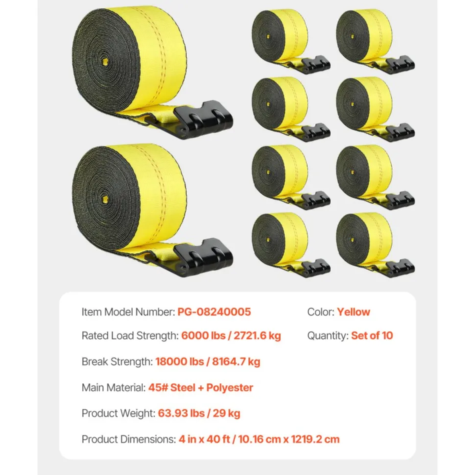 VEVOR Winch Straps, 4" x 40', 6000 lbs Load Capacity, 18000 lbs Break Strength, Truck Straps with Flat Hook, Flatbed Tie Downs Cargo Control for Trailers, Farms, Rescues, Tree Saver, Yellow (10 Pack)