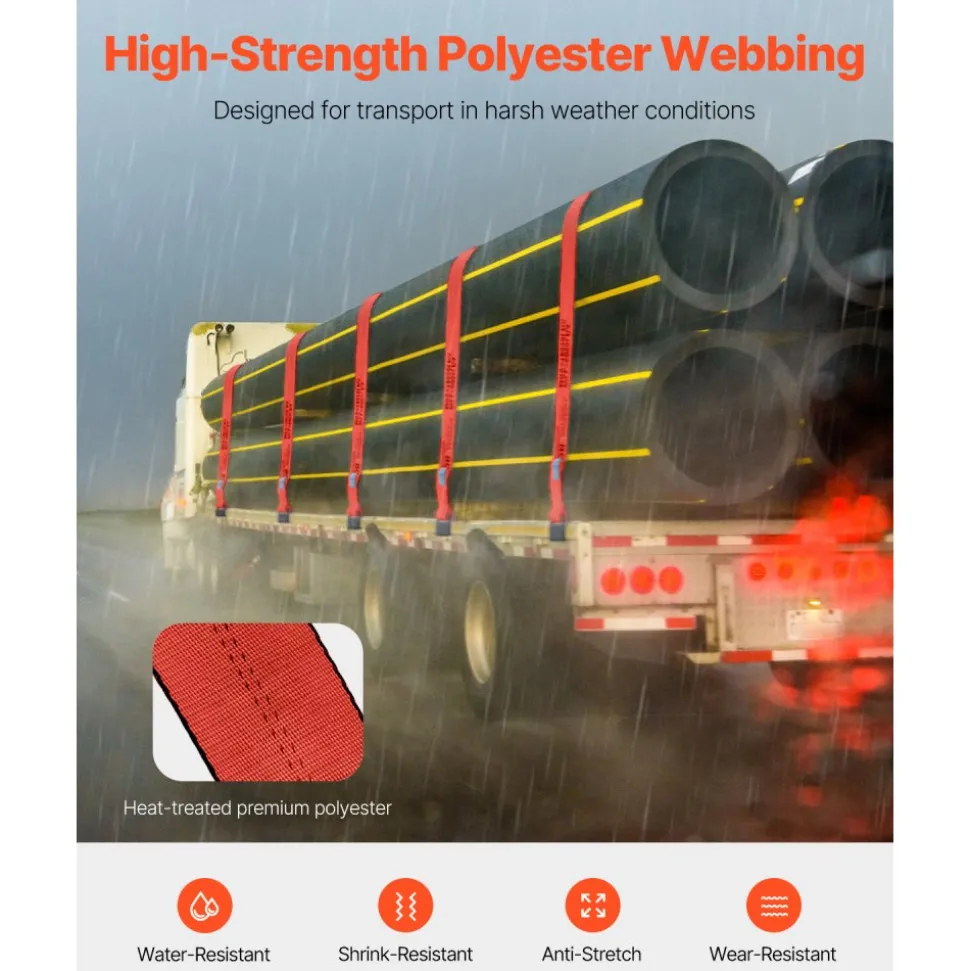 VEVOR Winch Straps, 4" x 30', 6000 lbs Load Capacity, 18000 lbs Breaking Strength, Truck Straps with Flat Hook, Flatbed Tie Downs Cargo Control for Trailers, Farms, Rescues, Tree Saver, Red (10 Pack)